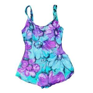 Vintage 80s 90s Jantzen Abstract Watercolor Purple Skirted One Piece Swimsuit